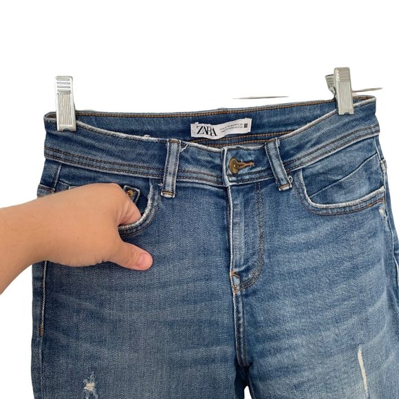 Zara Ankle Zip Jeans Womens Blue Distressed Ripped Stretch Denim Size 4 - Picture 5 of 11